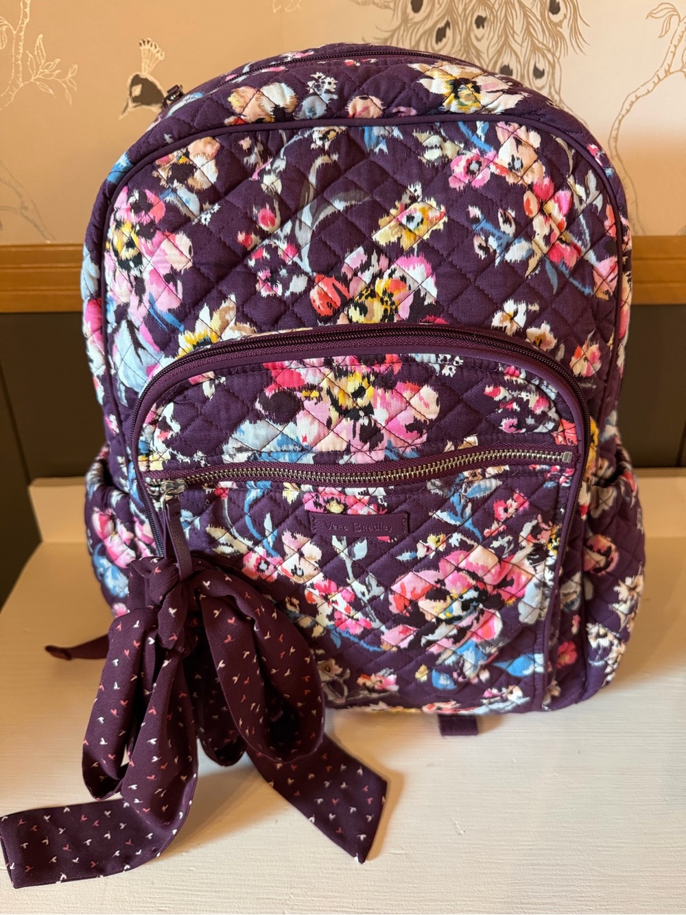 Vera Bradley Quilted Purple Floral Backpack with Bow Accent Excellent Condition
